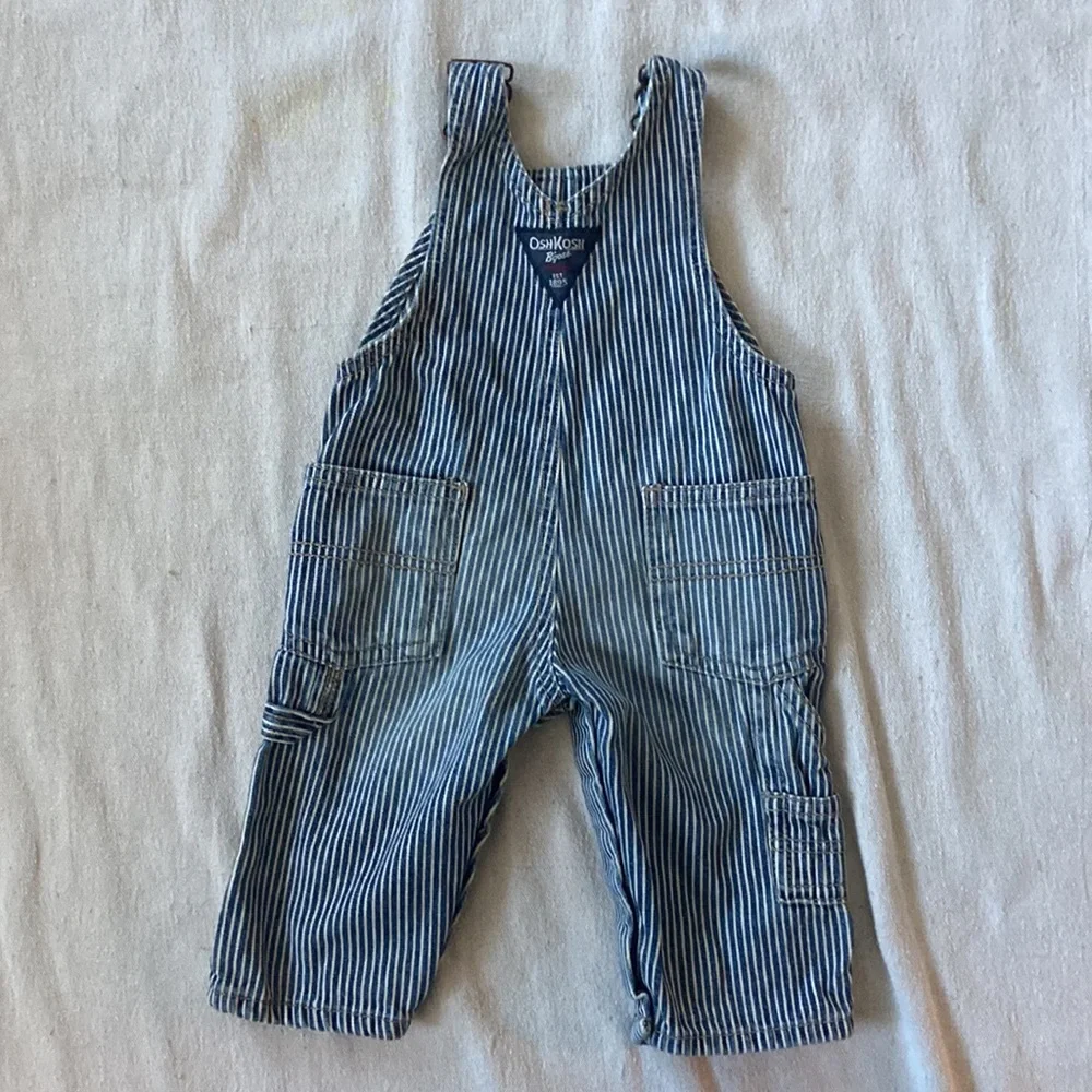 OSHKOSH BGOSH Overalls Engineer Jeans Pinstripe Stripes Blue White Canvas